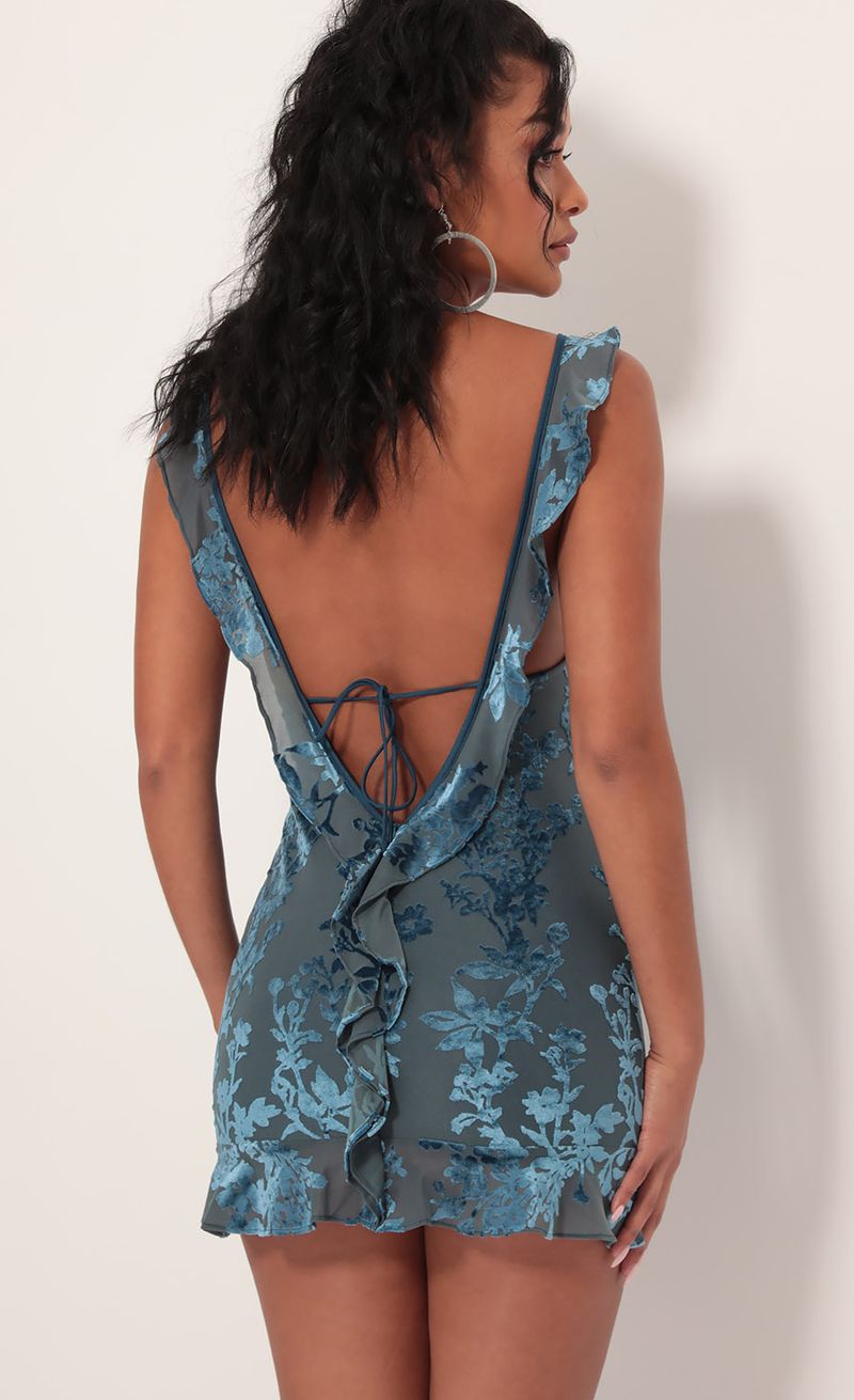 Picture Cindy Floral Burnout Velvet Frill Dress in Teal. Source: https://media.lucyinthesky.com/data/Sep19_1/800xAUTO/781A1274.JPG