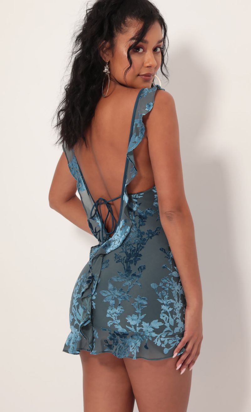 Picture Cindy Floral Burnout Velvet Frill Dress in Teal. Source: https://media.lucyinthesky.com/data/Sep19_1/800xAUTO/781A1278.JPG
