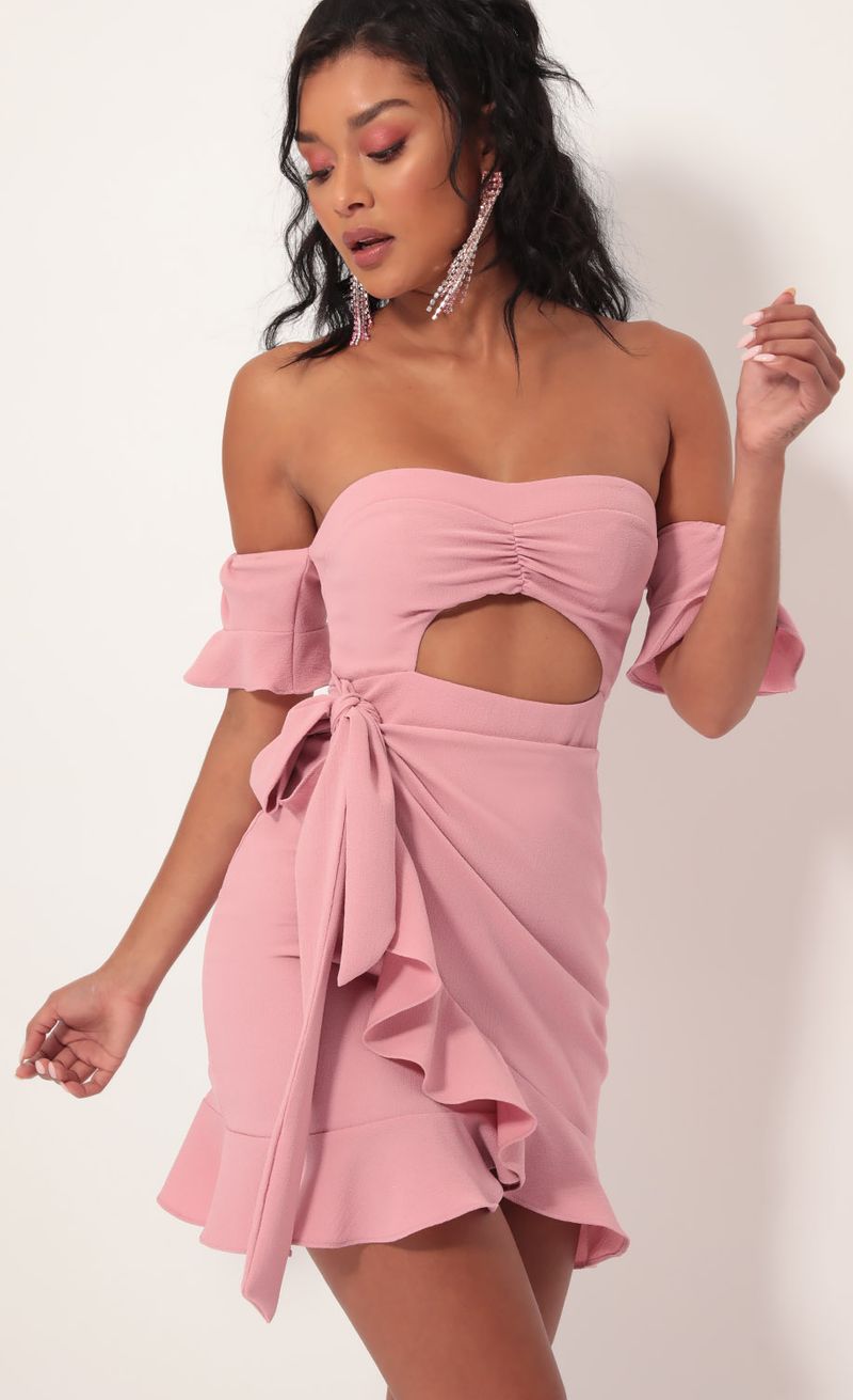 Picture Melrose Off The Shoulder Wrap Dress in Mauve. Source: https://media.lucyinthesky.com/data/Sep19_1/800xAUTO/781A1733.JPG