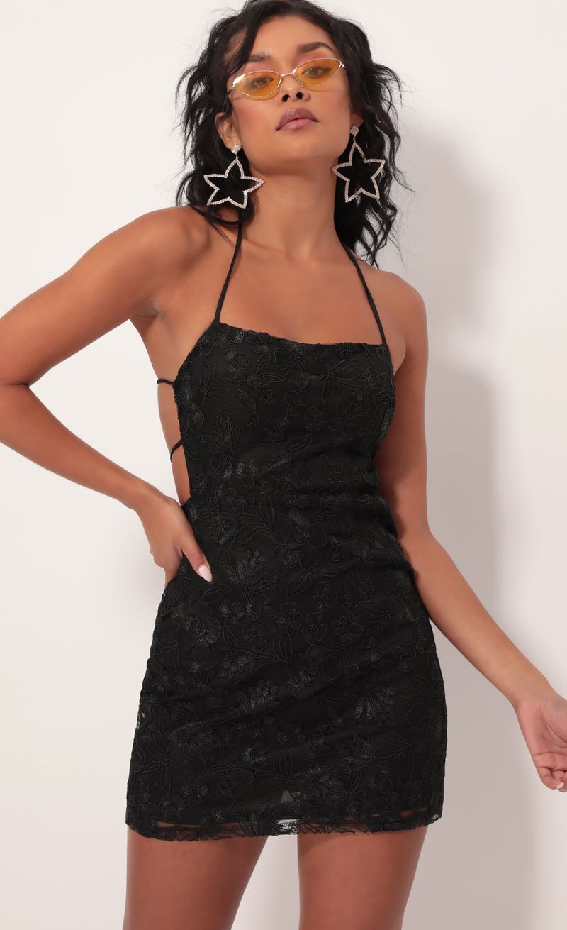 Picture Calabria Sparkly Embroidered Lace Dress in Black. Source: https://media.lucyinthesky.com/data/Sep19_1/800xAUTO/781A1997.JPG