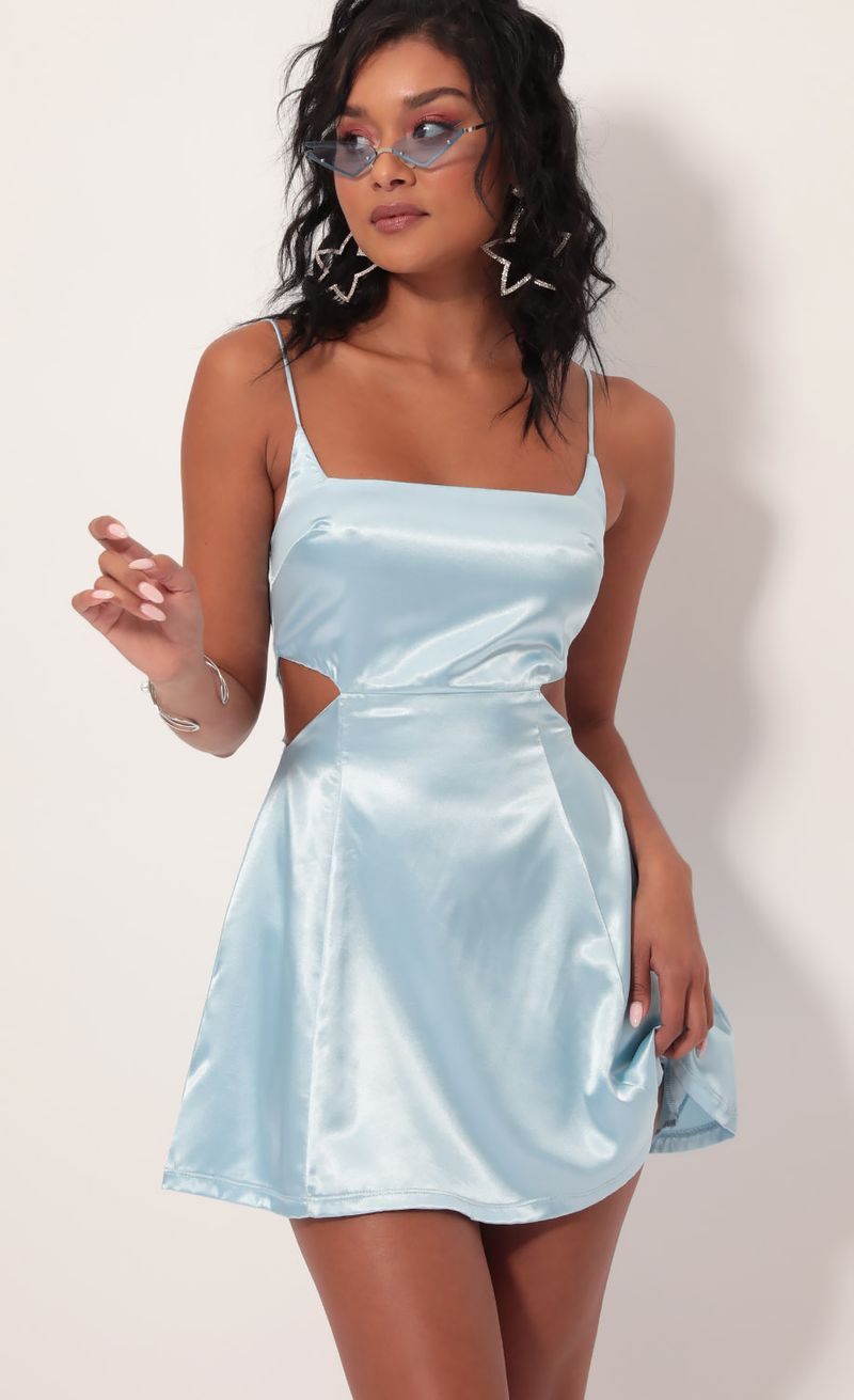 Picture Alani Satin Diamond Cutout Dress in Light Blue. Source: https://media.lucyinthesky.com/data/Sep19_1/800xAUTO/781A2137.JPG