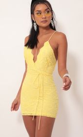 Picture thumb Daniela Plunge Lace Dress in Yellow. Source: https://media.lucyinthesky.com/data/Sep19_2/170xAUTO/781A4855.JPG