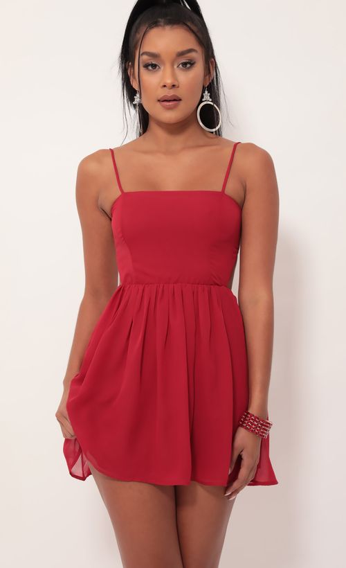 Picture Janey Chiffon A-line Dress in Deep Red. Source: https://media.lucyinthesky.com/data/Sep19_2/500xAUTO/781A3631.JPG