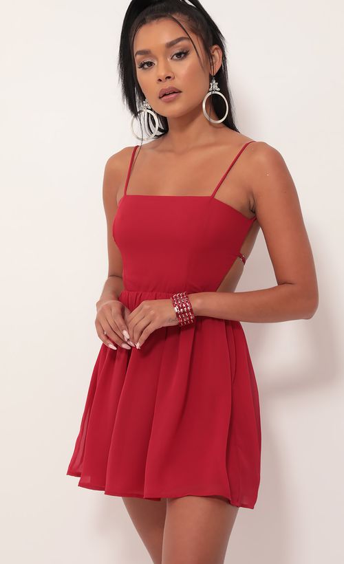 Picture Janey Chiffon A-line Dress in Deep Red. Source: https://media.lucyinthesky.com/data/Sep19_2/500xAUTO/781A3642.JPG