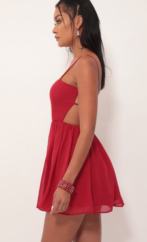 Picture Janey Chiffon A-line Dress in Deep Red. Source: https://media.lucyinthesky.com/data/Sep19_2/500xAUTO/781A3653.JPG