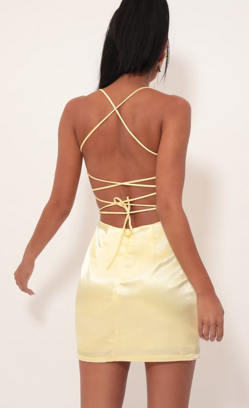 Picture Lulu Satin Lace-up Dress in Yellow. Source: https://media.lucyinthesky.com/data/Sep19_2/500xAUTO/781A3798.JPG