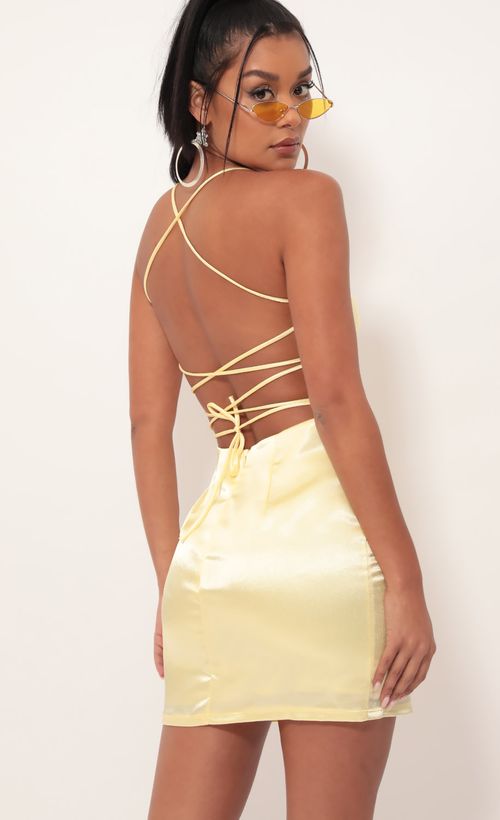 Picture Lulu Satin Lace-up Dress in Yellow. Source: https://media.lucyinthesky.com/data/Sep19_2/500xAUTO/781A3801.JPG