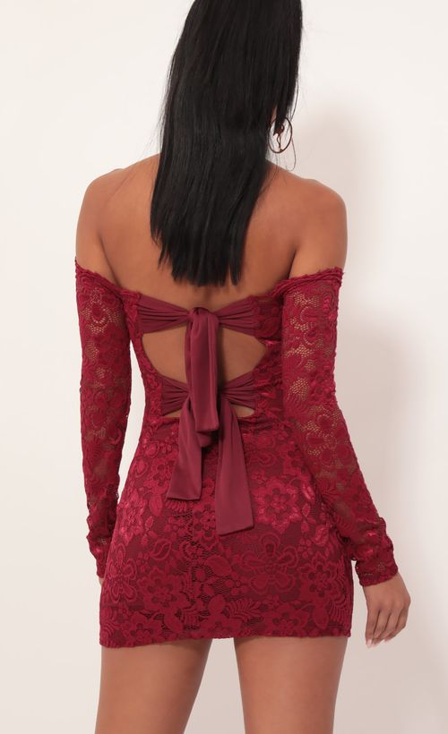 Picture Alycia Scalloped Lace Dress in Merlot. Source: https://media.lucyinthesky.com/data/Sep19_2/500xAUTO/781A4073.JPG