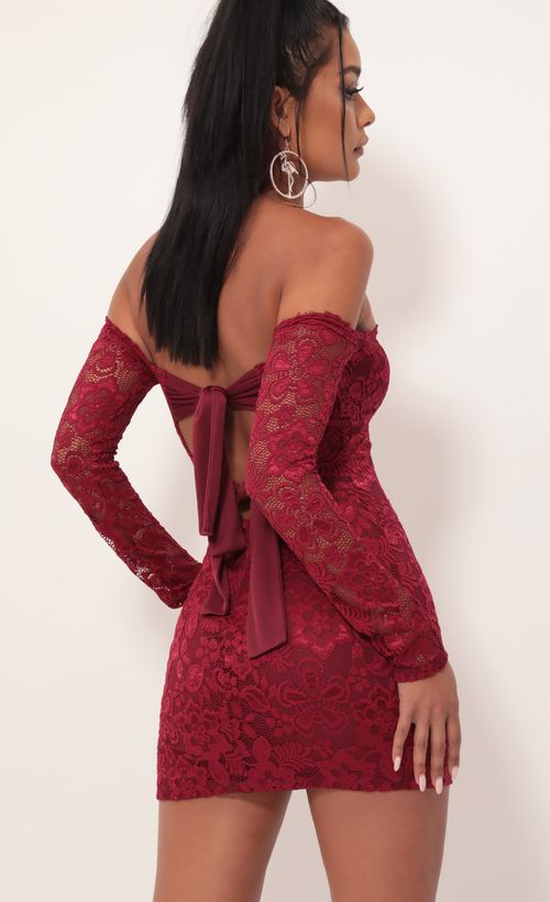 Picture Alycia Scalloped Lace Dress in Merlot. Source: https://media.lucyinthesky.com/data/Sep19_2/500xAUTO/781A4075.JPG