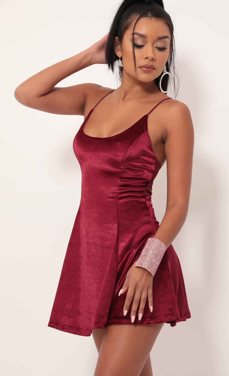 Picture Marley Velvet A-line Dress in Merlot. Source: https://media.lucyinthesky.com/data/Sep19_2/800xAUTO/781A3973.JPG