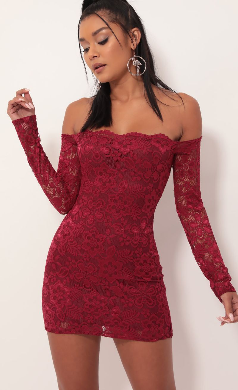 Picture Alycia Scalloped Lace Dress in Merlot. Source: https://media.lucyinthesky.com/data/Sep19_2/800xAUTO/781A4045.JPG
