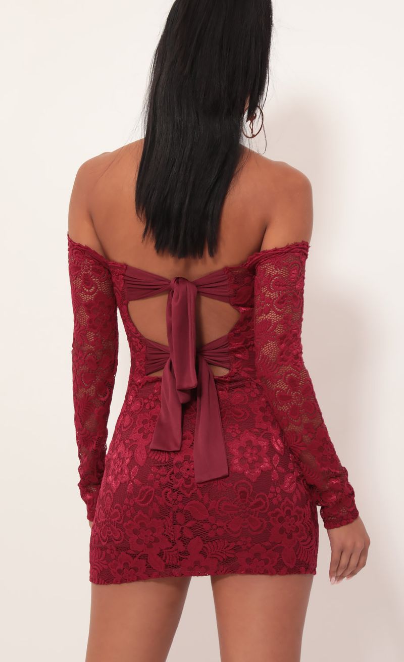 Picture Alycia Scalloped Lace Dress in Merlot. Source: https://media.lucyinthesky.com/data/Sep19_2/800xAUTO/781A4073.JPG