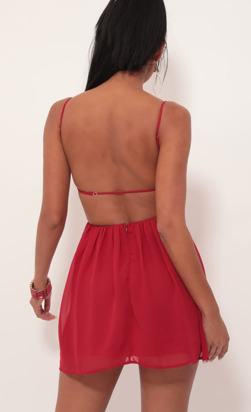 Picture Janey Chiffon A-line Dress in Deep Red. Source: https://media.lucyinthesky.com/data/Sep19_2/850xAUTO/781A3663.JPG