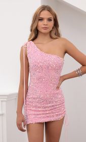 Picture thumb Oliviara One Shoulder Sequin Dress In Barbie Pink. Source: https://media.lucyinthesky.com/data/Sep20_1/170xAUTO/781A0002.JPG