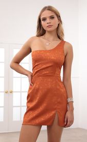 Picture thumb Liana Satin Jacquard Shoulder Dress in Rust. Source: https://media.lucyinthesky.com/data/Sep20_1/170xAUTO/781A5844.JPG
