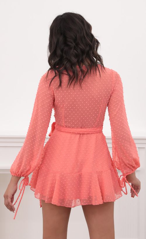 Picture Lexi Ruffle Wrap Dress in Dotted Coral. Source: https://media.lucyinthesky.com/data/Sep20_1/500xAUTO/781A1106.JPG