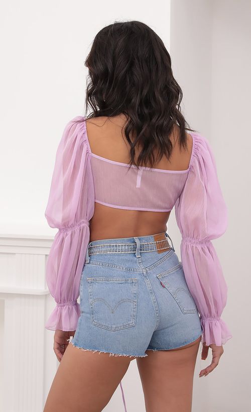 Picture Sarah Puff Sleeve Front Tie Crop In Lilac. Source: https://media.lucyinthesky.com/data/Sep20_1/500xAUTO/781A9816.JPG