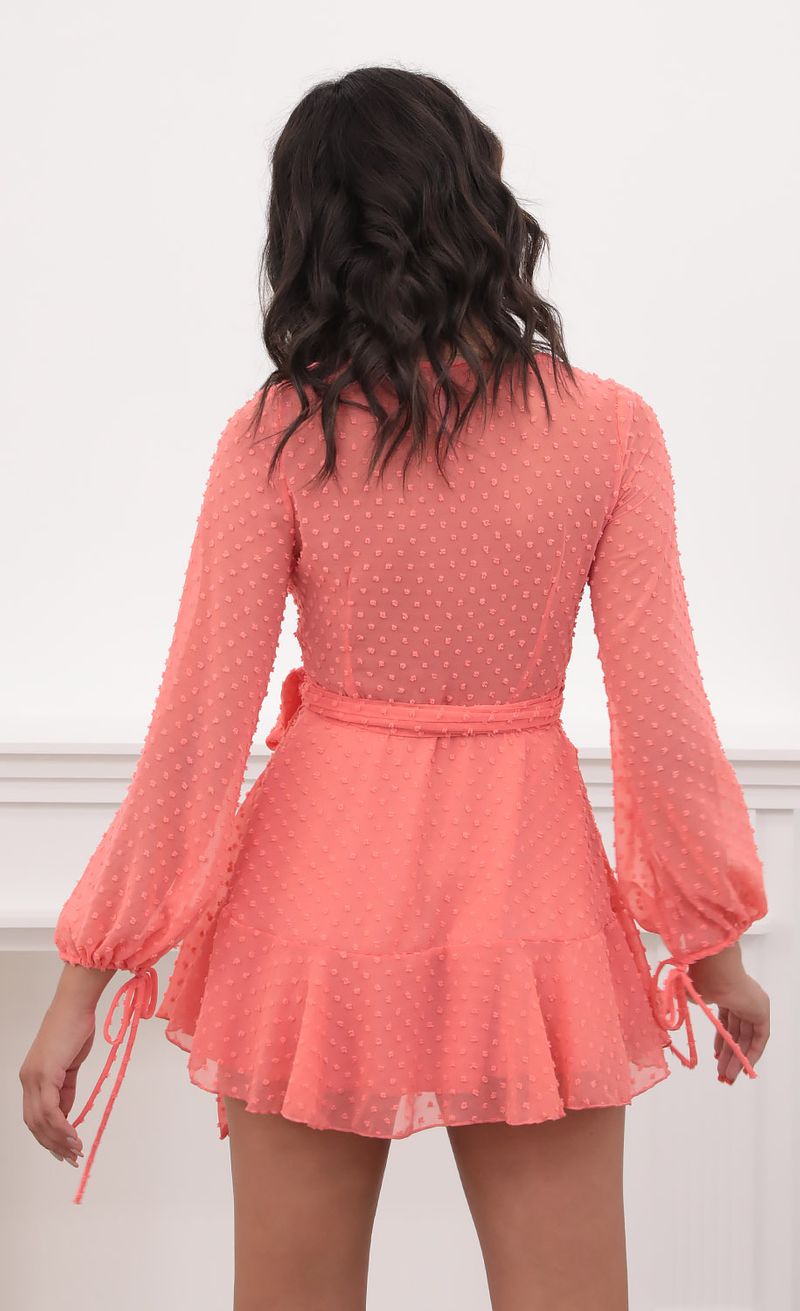 Picture Lexi Ruffle Wrap Dress in Dotted Coral. Source: https://media.lucyinthesky.com/data/Sep20_1/800xAUTO/781A1106.JPG