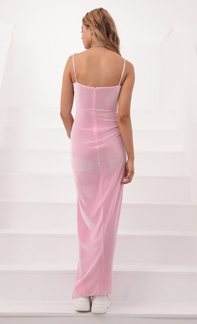 Picture Beauty And Grace Velvet Maxi In Barbie Pink. Source: https://media.lucyinthesky.com/data/Sep20_1/800xAUTO/781A4213.JPG