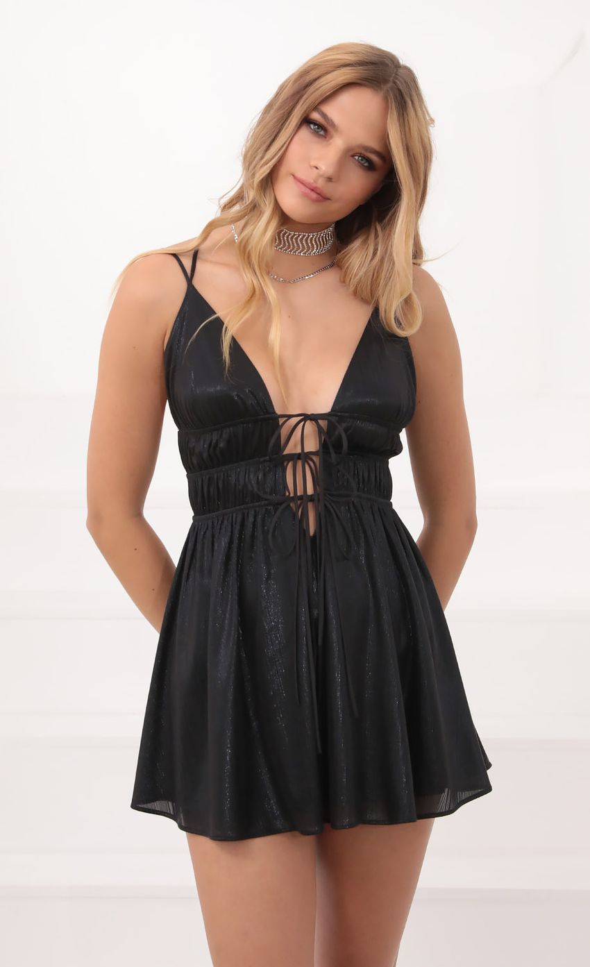 Picture Florence Lace Up Dress In Metallic Black. Source: https://media.lucyinthesky.com/data/Sep20_1/850xAUTO/781A9060.JPG