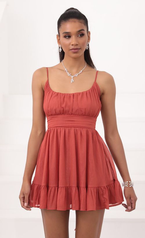 Picture Molly Ruffled Chiffon Dress in Rust. Source: https://media.lucyinthesky.com/data/Sep20_2/500xAUTO/781A0602.JPG