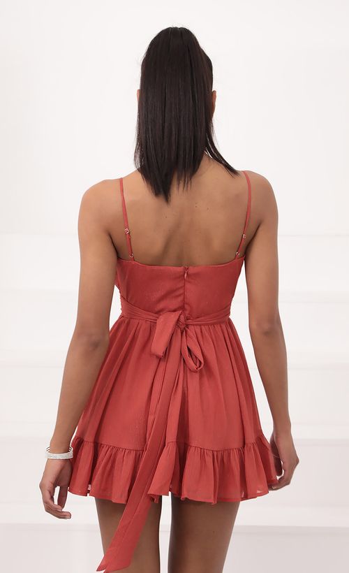 Picture Molly Ruffled Chiffon Dress in Rust. Source: https://media.lucyinthesky.com/data/Sep20_2/500xAUTO/781A0696.JPG