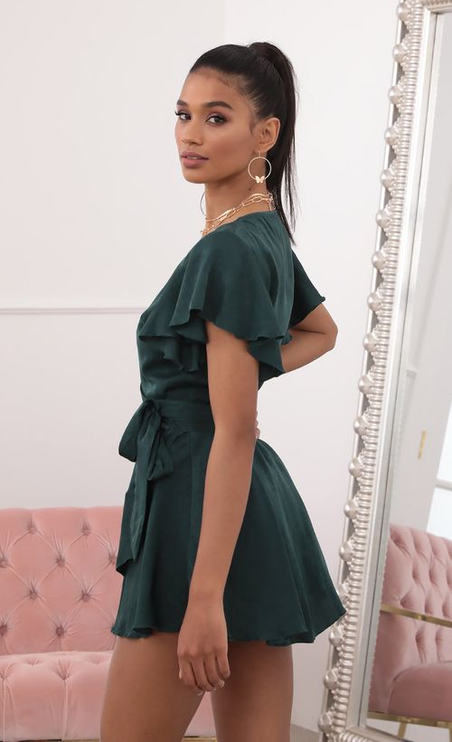 Picture Eliza Wrap Dress in Forest Green Satin. Source: https://media.lucyinthesky.com/data/Sep20_2/500xAUTO/781A7556.JPG
