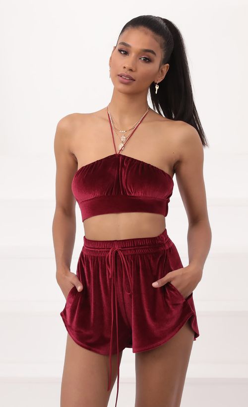Picture Sloane Two Piece Set in Velvet Burgundy. Source: https://media.lucyinthesky.com/data/Sep20_2/500xAUTO/781A9046.JPG