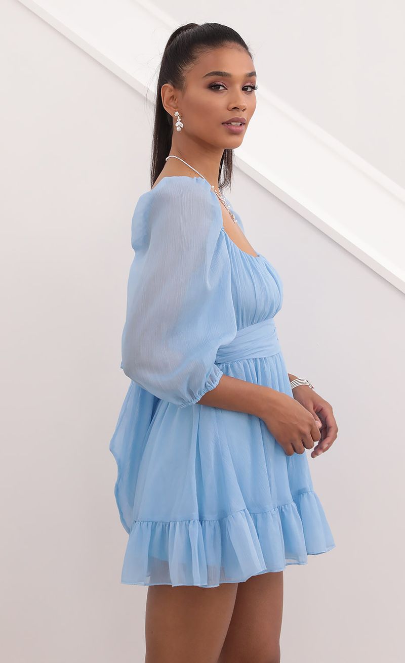 Picture Neia Ruffle Dress in Blue Chiffon. Source: https://media.lucyinthesky.com/data/Sep20_2/800xAUTO/781A0330.JPG