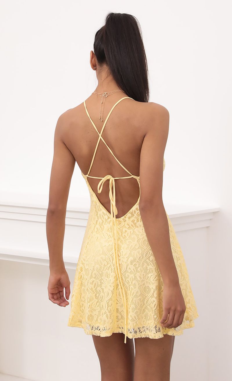 Picture Alanie Lace Plunge A-line Dress in Yellow. Source: https://media.lucyinthesky.com/data/Sep20_2/800xAUTO/781A1035.JPG