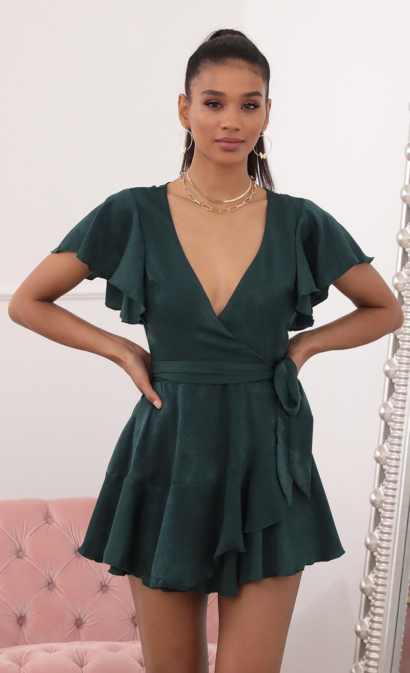 Picture Eliza Wrap Dress in Forest Green Satin. Source: https://media.lucyinthesky.com/data/Sep20_2/800xAUTO/781A7457.JPG