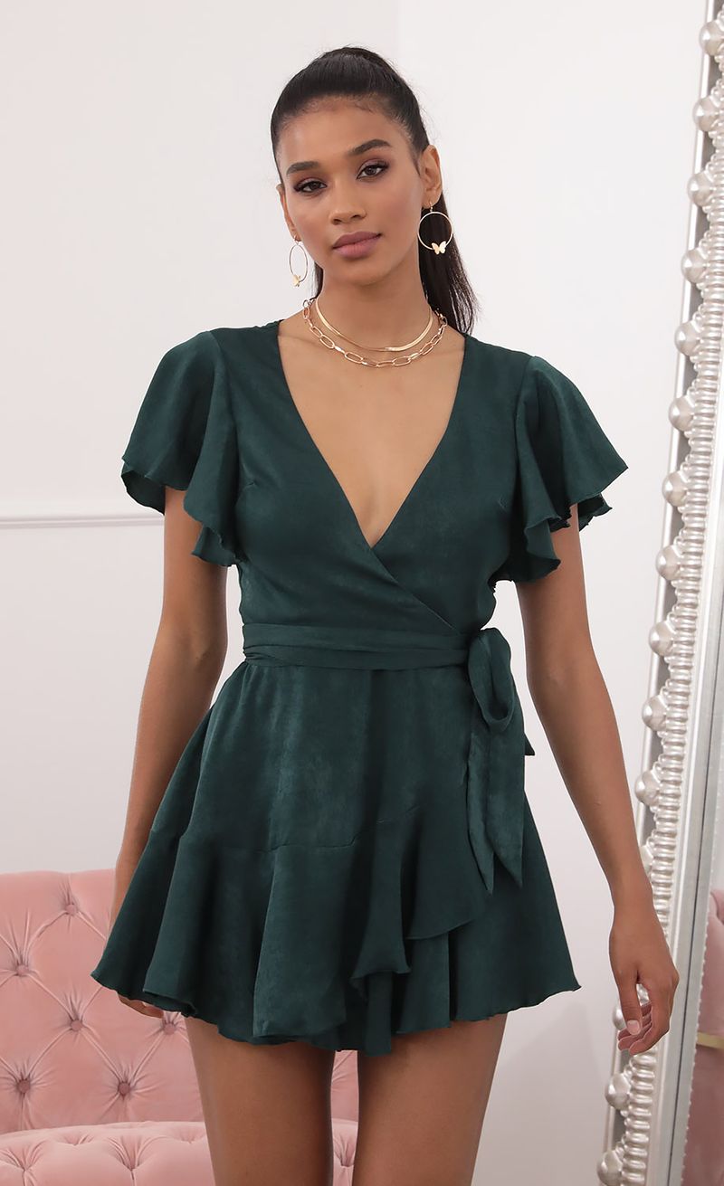 Picture Eliza Wrap Dress in Forest Green Satin. Source: https://media.lucyinthesky.com/data/Sep20_2/800xAUTO/781A7501.JPG