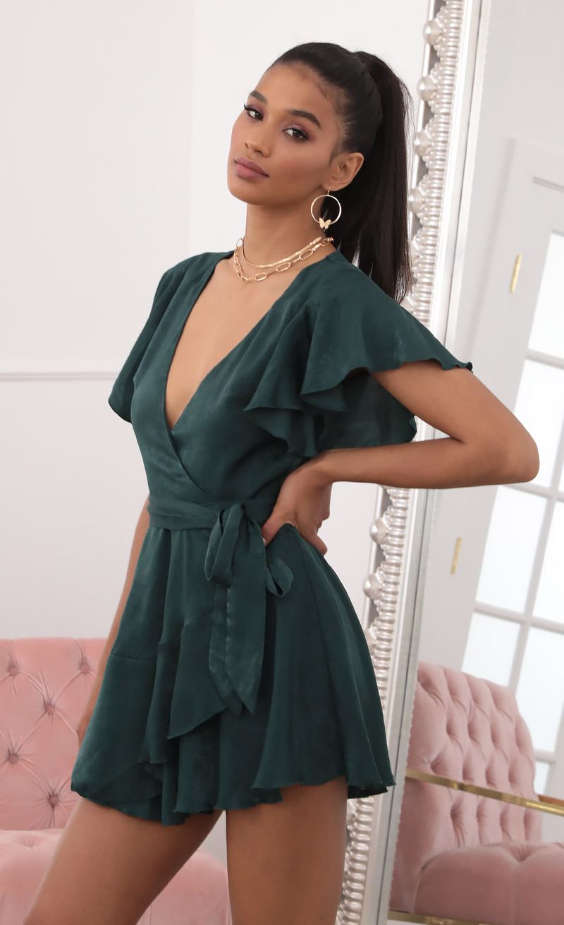 Picture Eliza Wrap Dress in Forest Green Satin. Source: https://media.lucyinthesky.com/data/Sep20_2/800xAUTO/781A7530.JPG