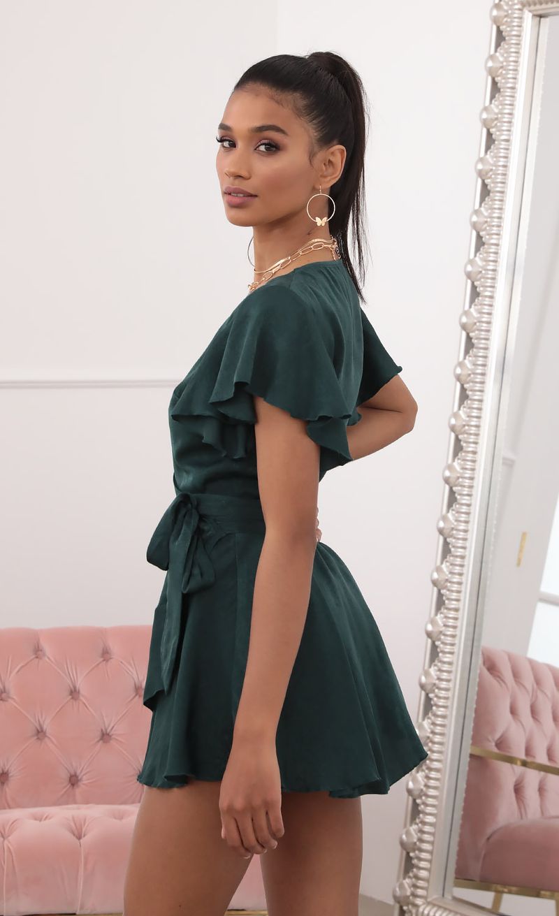 Picture Eliza Wrap Dress in Forest Green Satin. Source: https://media.lucyinthesky.com/data/Sep20_2/800xAUTO/781A7556.JPG