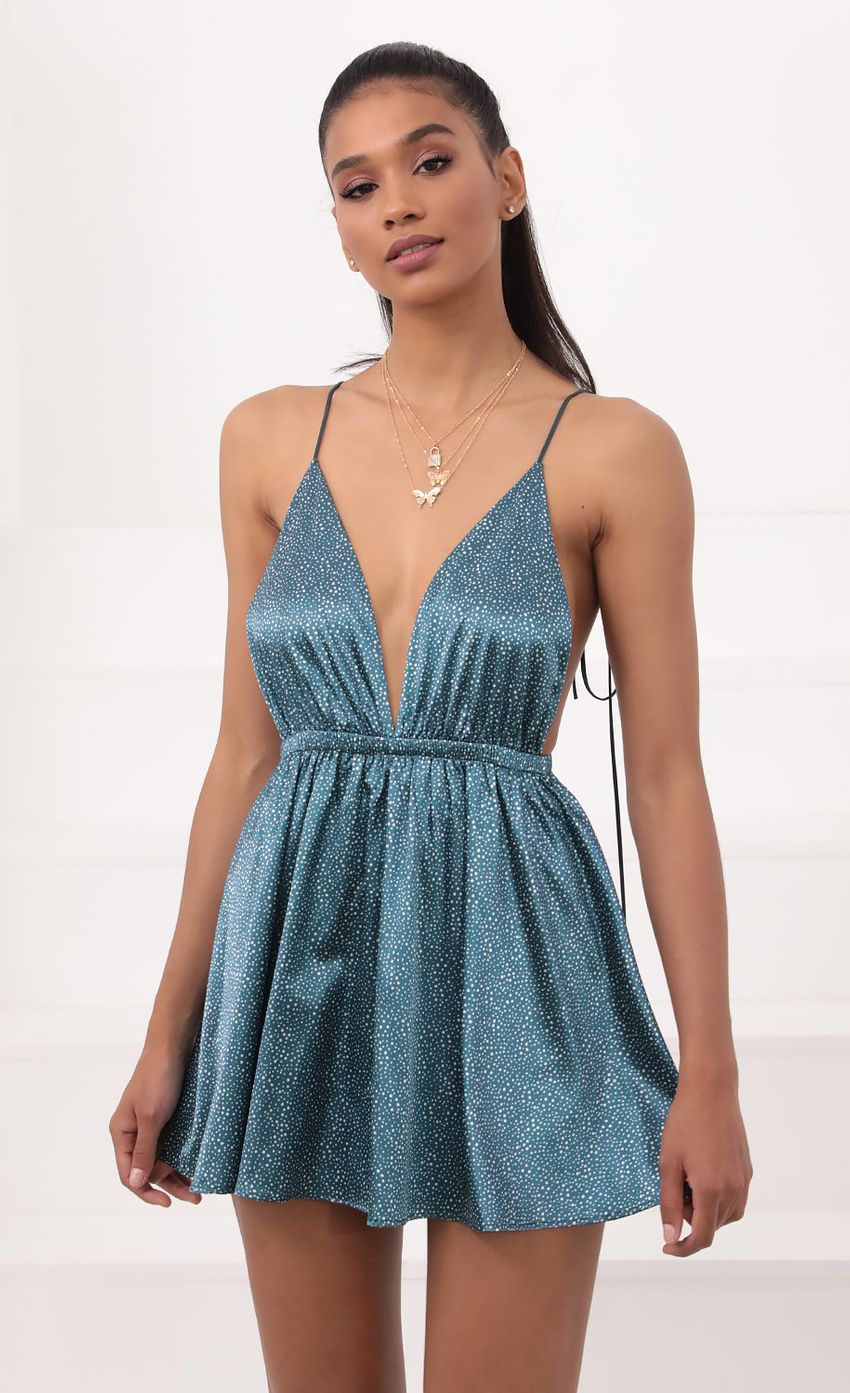 Picture Skye Shoulder Tie Dress in Green Satin. Source: https://media.lucyinthesky.com/data/Sep20_2/850xAUTO/781A07381.JPG