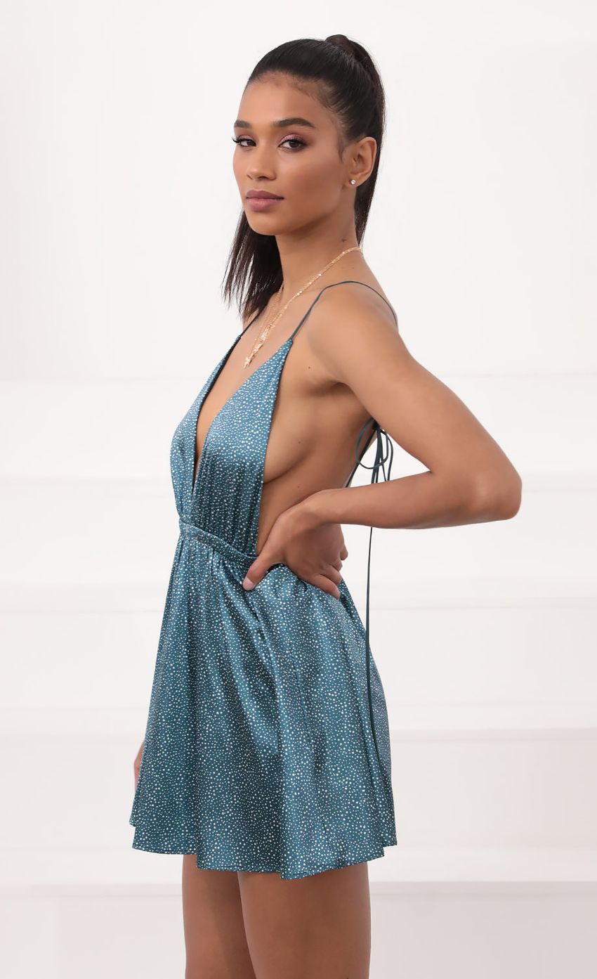 Picture Skye Shoulder Tie Dress in Green Satin. Source: https://media.lucyinthesky.com/data/Sep20_2/850xAUTO/781A0784.JPG