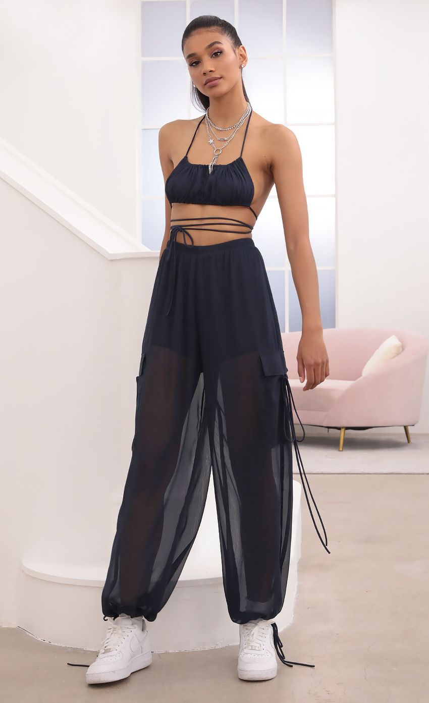 Picture Chiffon Two Piece Pant Set In Navy. Source: https://media.lucyinthesky.com/data/Sep20_2/850xAUTO/781A1863.JPG