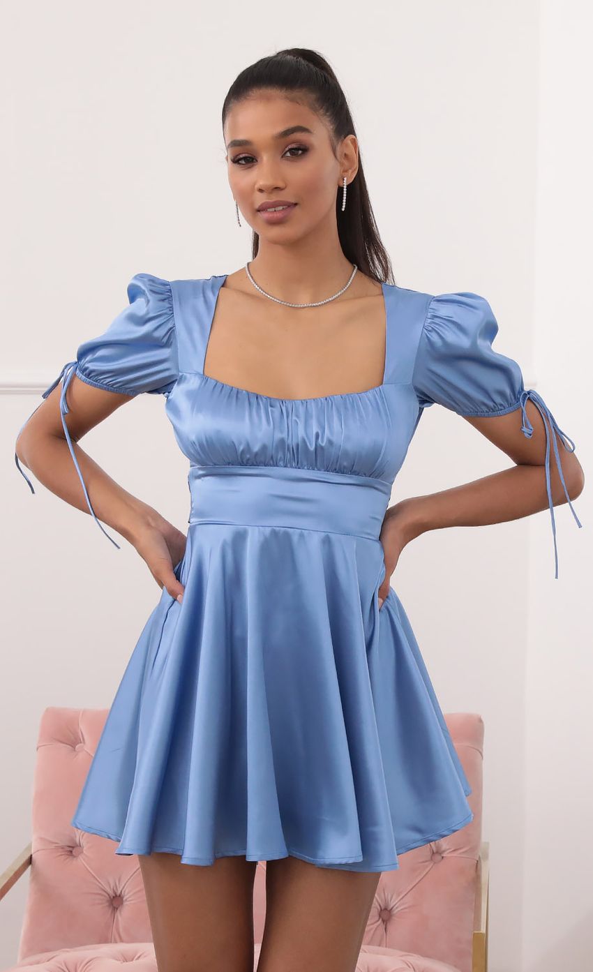 Picture Gracie Dress in Blue Satin. Source: https://media.lucyinthesky.com/data/Sep20_2/850xAUTO/781A6674.JPG
