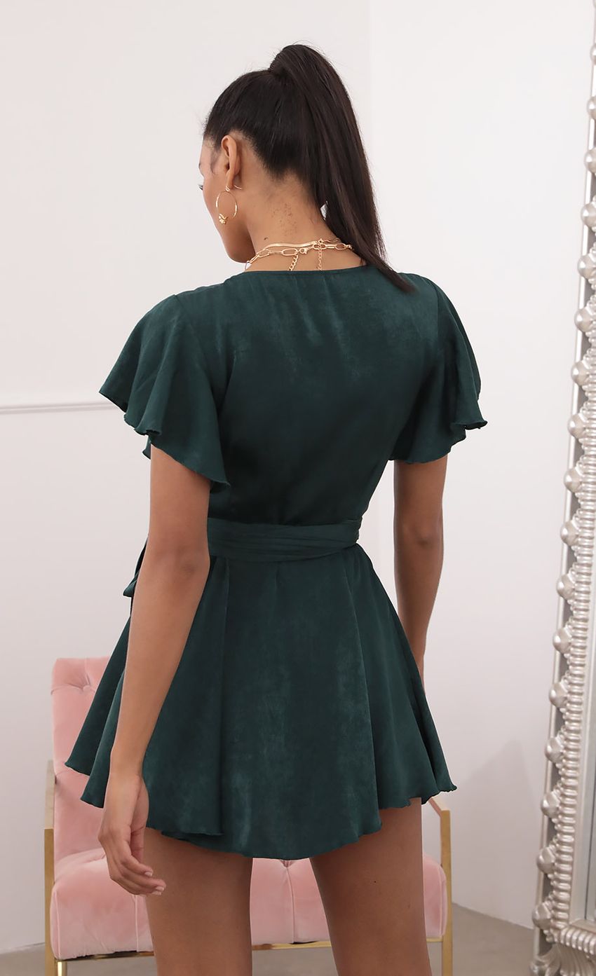 Picture Eliza Wrap Dress in Forest Green Satin. Source: https://media.lucyinthesky.com/data/Sep20_2/850xAUTO/781A7540.JPG