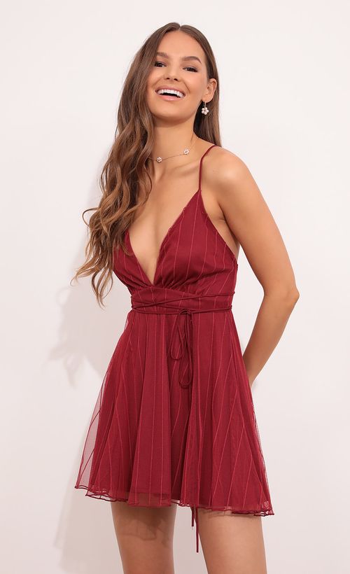 Picture Alanie Plunge A-line Dress in Burgundy. Source: https://media.lucyinthesky.com/data/Sep21_1/500xAUTO/1V9A1681.JPG