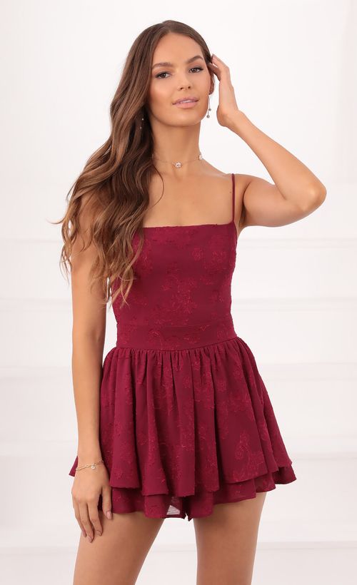 Picture Micaela Double Ruffle Romper in Burgundy. Source: https://media.lucyinthesky.com/data/Sep21_1/500xAUTO/1V9A4046.JPG