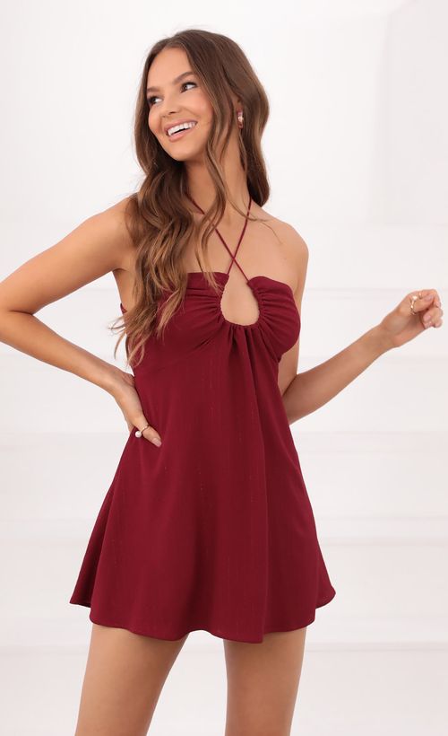 Picture Adelaide Fit and Flare Dress in Burgundy Pinstripe. Source: https://media.lucyinthesky.com/data/Sep21_1/500xAUTO/1V9A5619.JPG