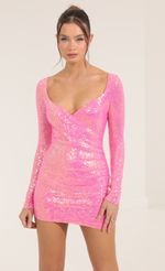 Picture Anahi Iridescent Sequin Long Sleeve Dress in Pink. Source: https://media.lucyinthesky.com/data/Sep22/150xAUTO/44e488c0-ea68-4c52-b8eb-779fef933804.jpg