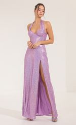 Picture Darcia Sequin Halter Maxi Dress in Purple  . Source: https://media.lucyinthesky.com/data/Sep22/150xAUTO/7592f877-8431-4cab-8cda-d42a9ce7efa9.jpg