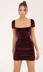Picture Emaline Glitter Velvet Bodycon Dress in Maroon. Source: https://media.lucyinthesky.com/data/Sep22/150xAUTO/926803b6-685f-4f28-9c9d-6af6b0a3d645.jpg