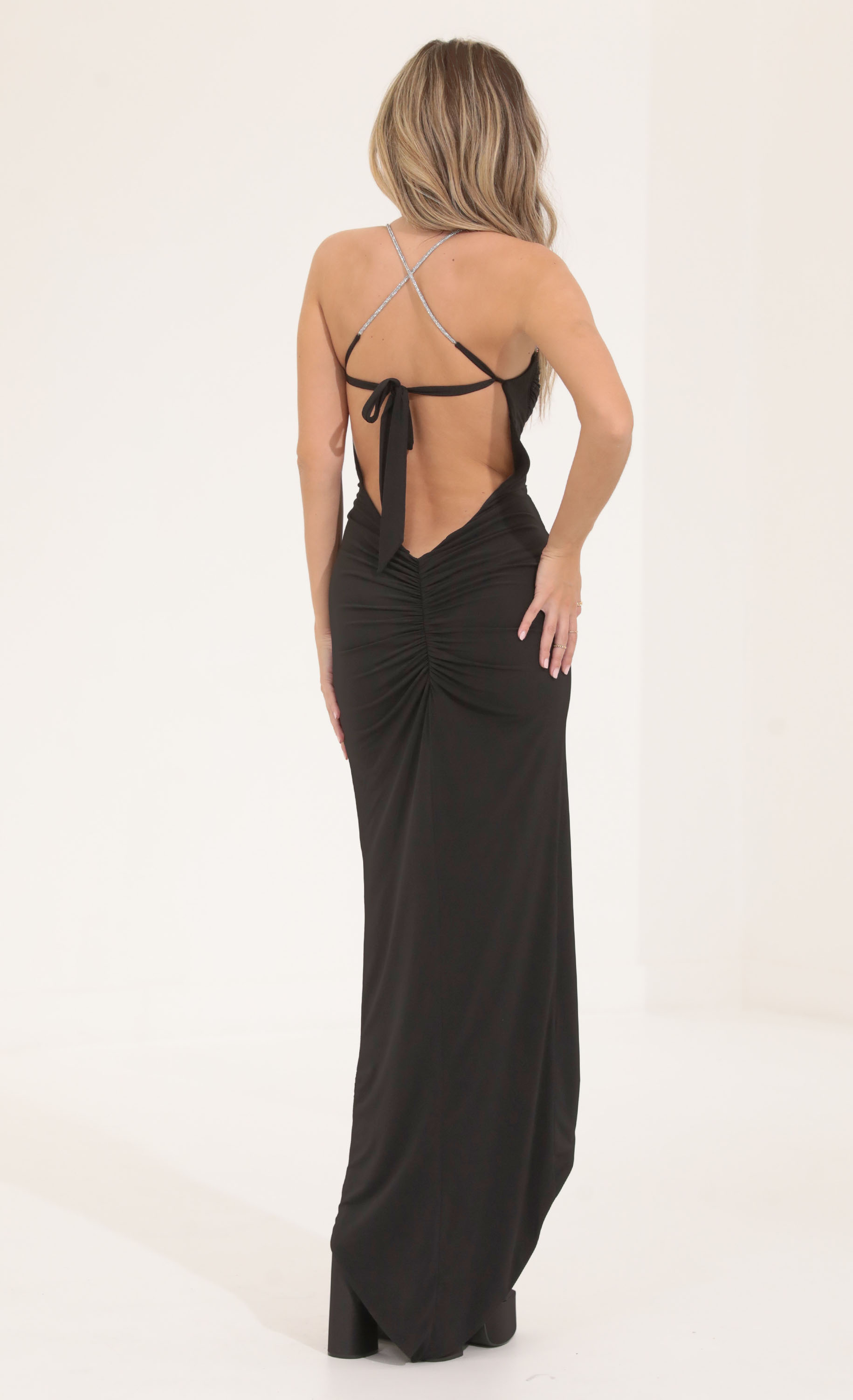 Pika Ruched Open Back Maxi Dress in Black 