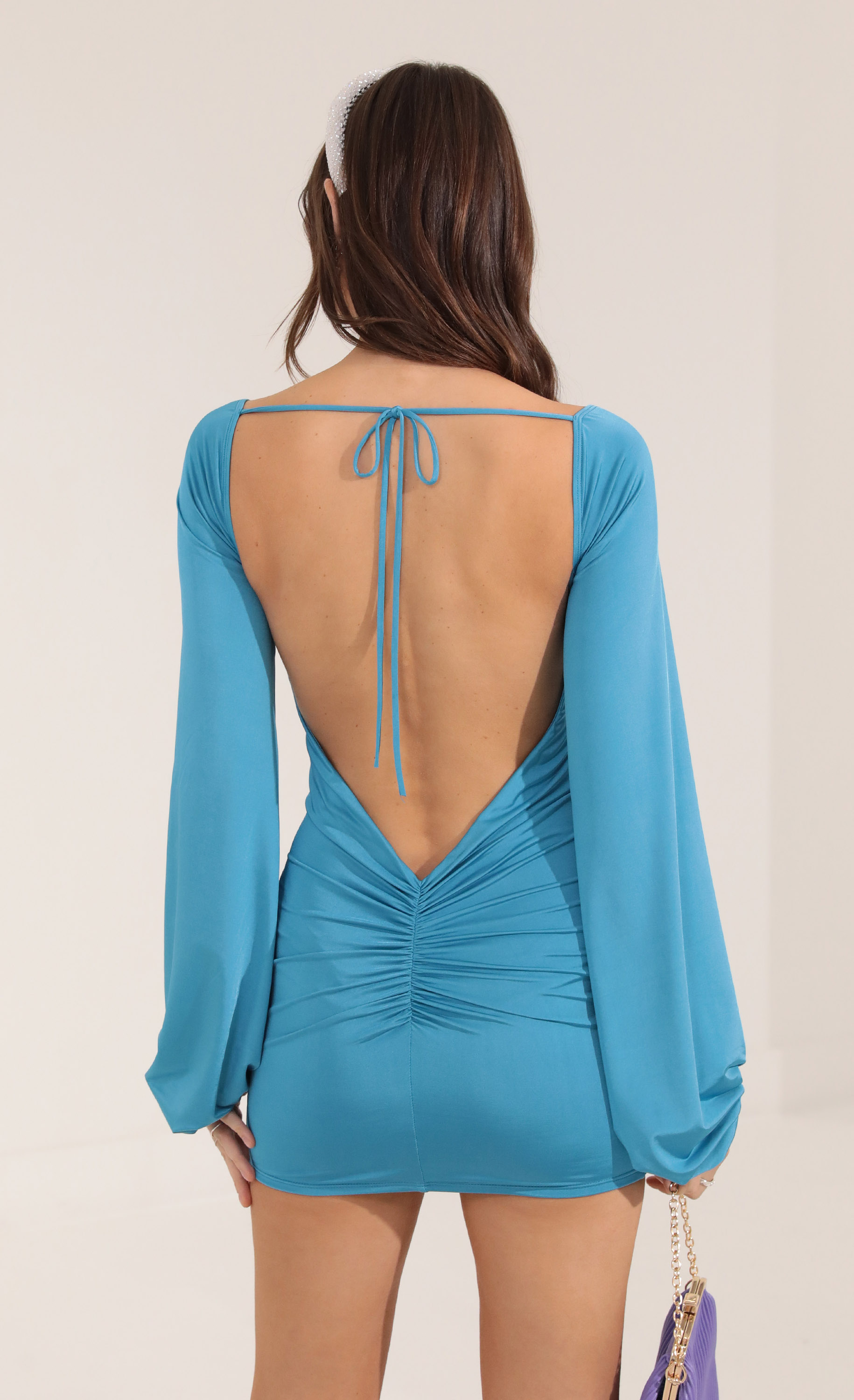 Kirsten Satin Open Back Long Sleeve Dress in Blue 