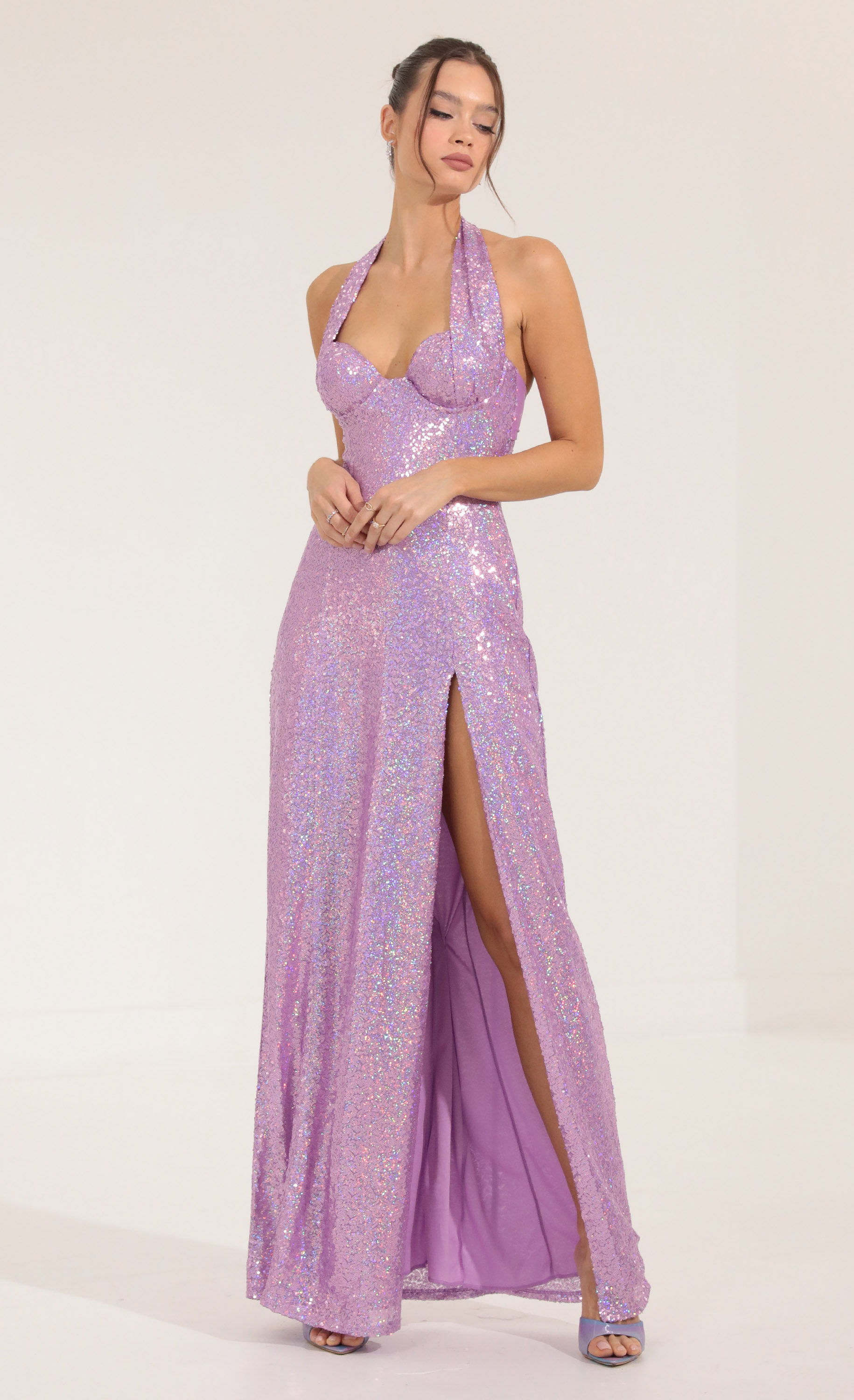 Darcia Sequin Halter Maxi Dress in Purple  