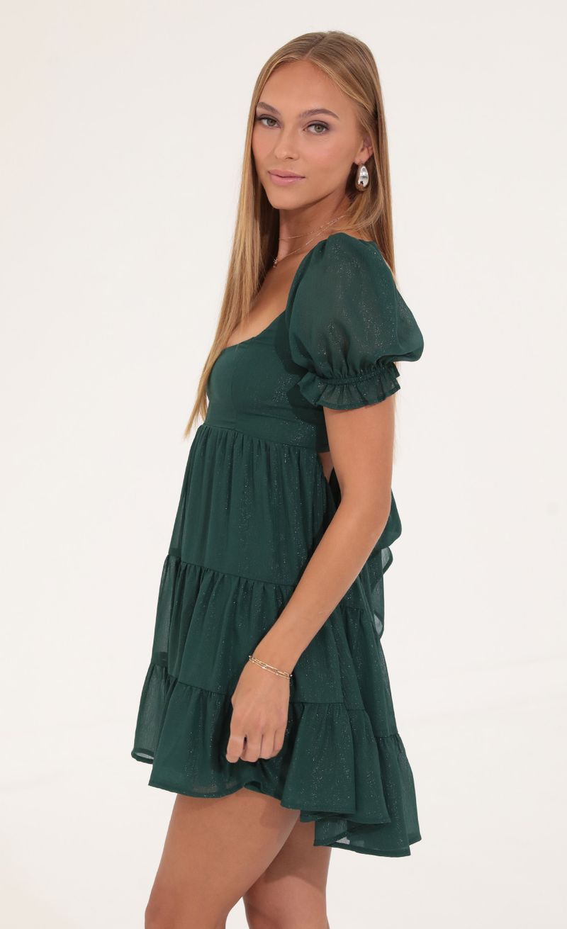 Picture Gloria Shimmer Chiffon Fit and Flare Dress in Green. Source: https://media.lucyinthesky.com/data/Sep22/800xAUTO/0af64857-6dfc-47e0-9366-5c30e1a805b3.jpg