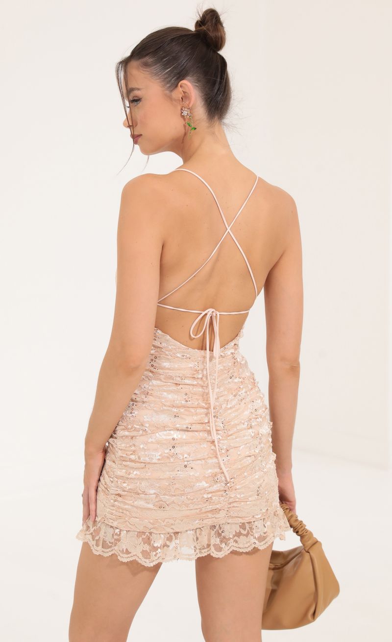 Picture Kasey Ruched Lace Sequin Bodycon Dress in Champagne  . Source: https://media.lucyinthesky.com/data/Sep22/800xAUTO/12d617d9-e4d0-4a7b-ae86-1923e3eff47d.jpg